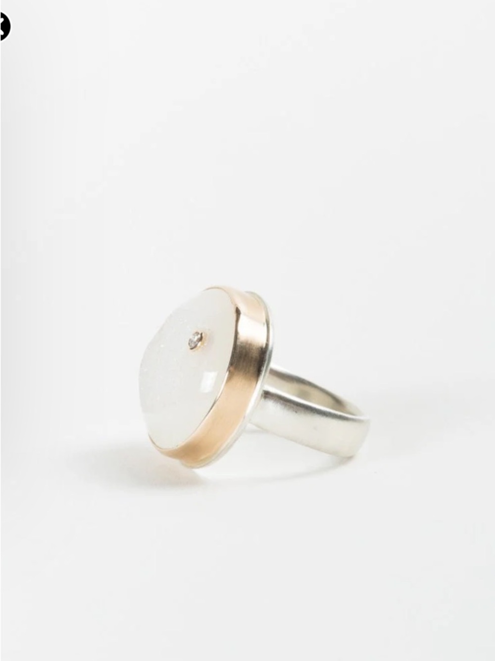 Jamie Joseph White Druzy Ring with diamond. Signature Gold Bezel and Silver Band - Picture 3 of 12